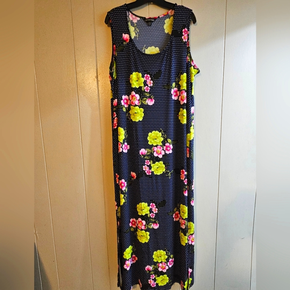 Nina Leonard Black Floral Maxi Dress with Yellow and Pink Accents - Size 3X